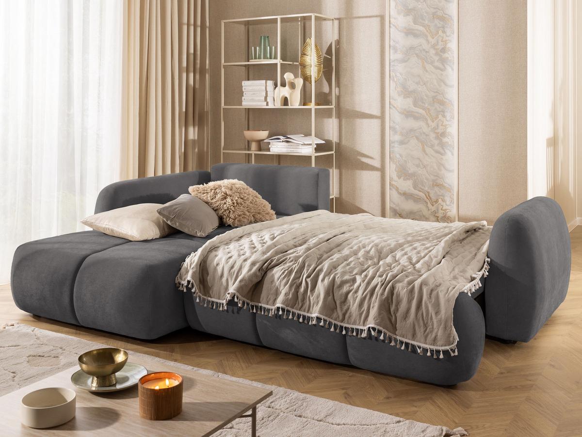 ECKSOFA Loretto aus natürlichem Taupe Webstoff mit Schlaffunktion, Bettkasten und tiefen Steppungen in Bubble-Optik - Taupe/Schwarz, Holz/Kunststoff (180/275cm) - S-Style
