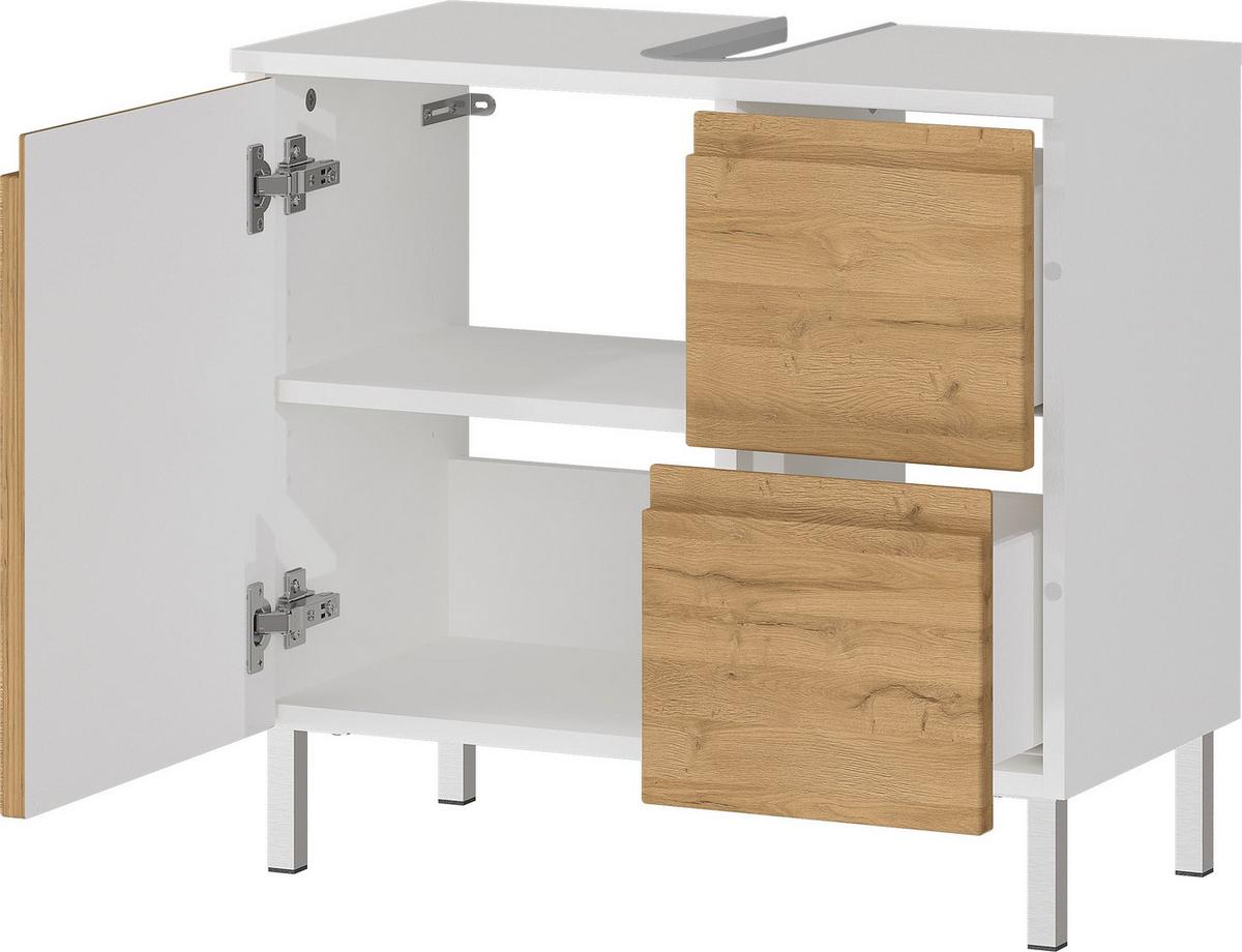 WASCHBECKENUNTERSCHRANK Weiß und Eiche Grandson 60x34x56 cm mit Chromfüßen VEER - Braun, Holz/Metall (60/56/34cm) - KADIMA DESIGN
