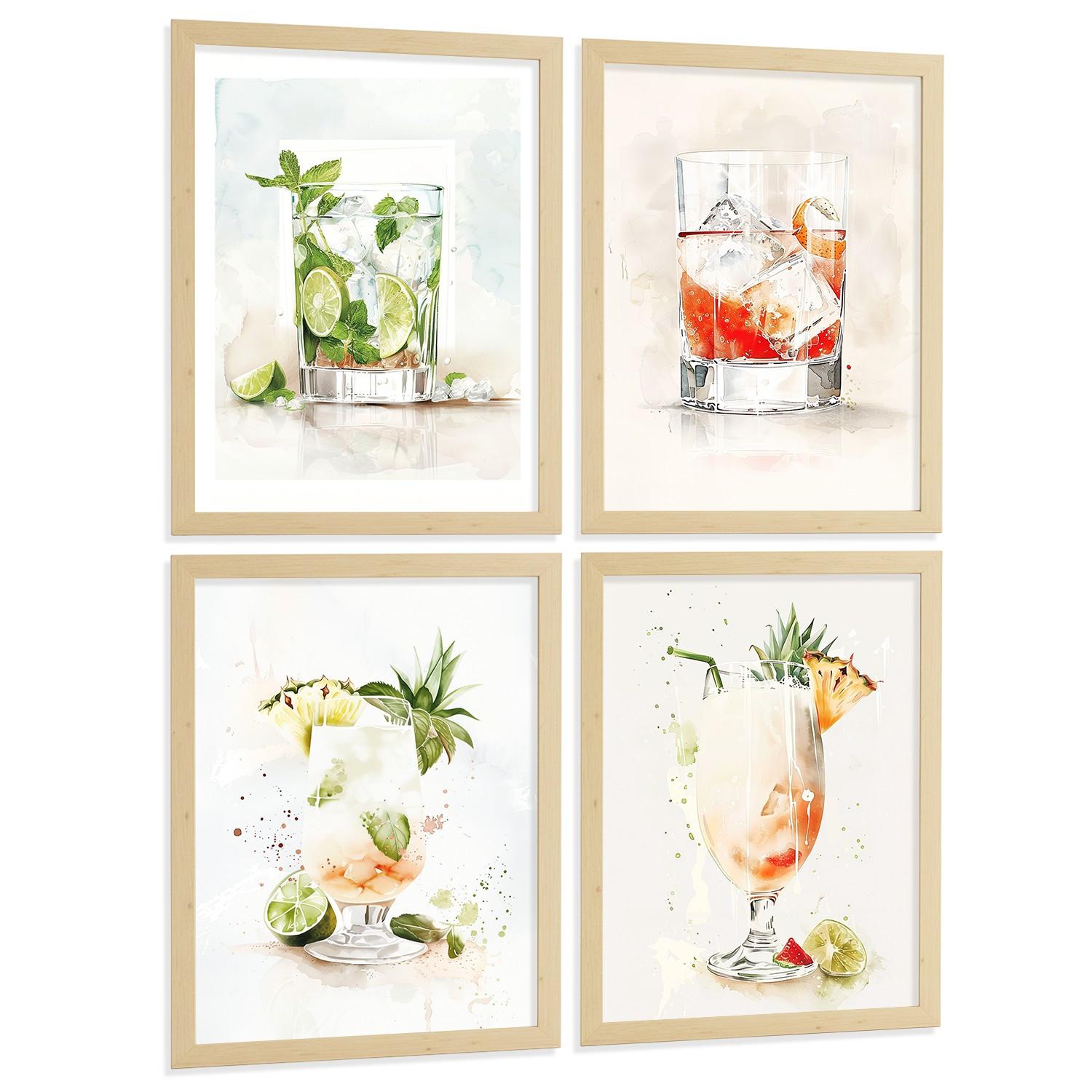 POSTER 4er Set Cocktails und Wein Wandbilder Bunte Gläser Negroni Tropical Aquarell Bar Küche Deko Leichter Holzrahmen A4 - Beige, Papier (29.7/1/21cm) - Nacnic