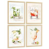 POSTER 4er Set Cocktails und Wein Wandbilder Bunte Gläser Negroni Tropical Aquarell Bar Küche Deko Leichter Holzrahmen A4 - Beige, Papier (29.7/1/21cm) - Nacnic