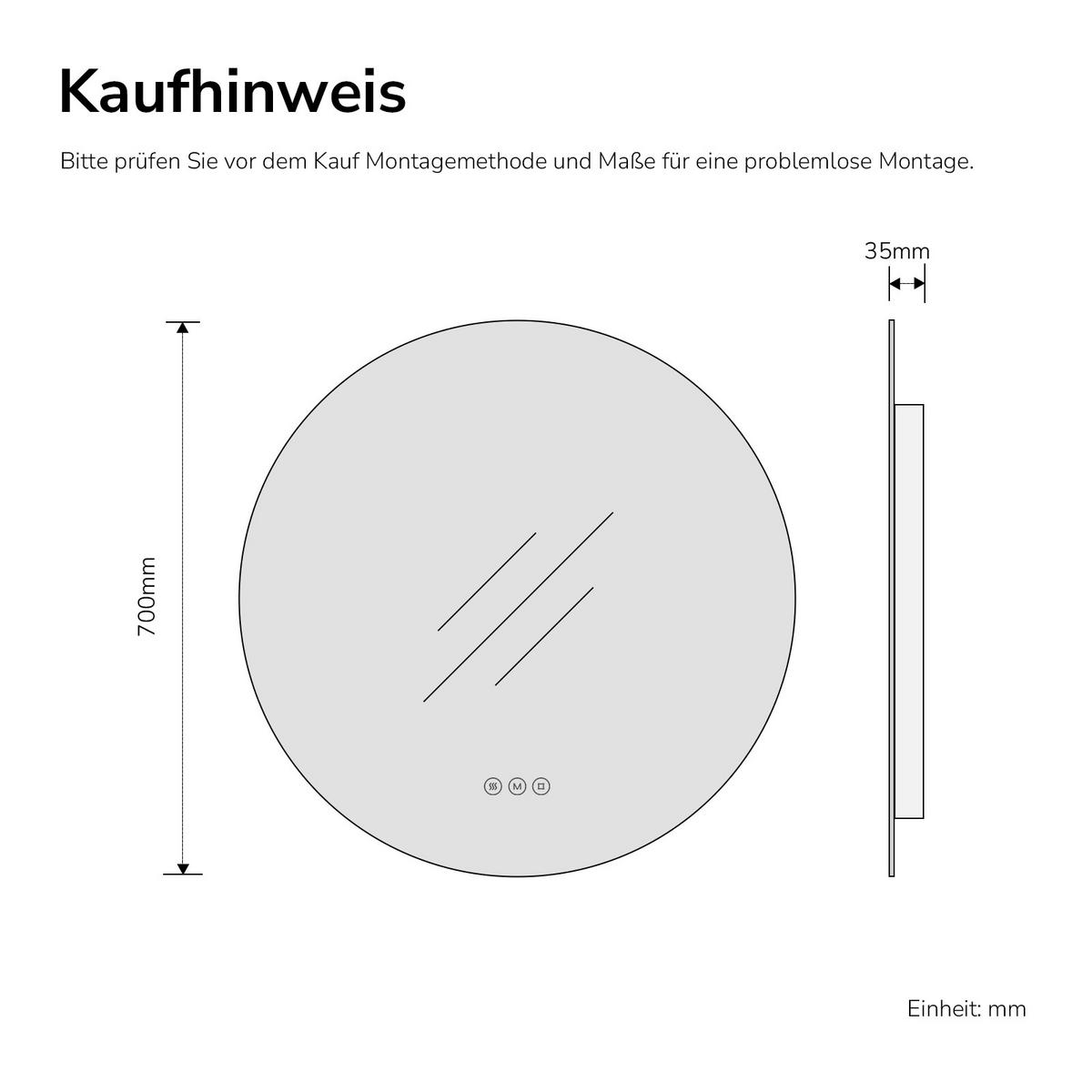 BADSPIEGEL Rund mit Beleuchtung Rahmenlos, 3 Lichtfarben, beschlagfrei, Ø 70 cm - Transparent, Glas (70/70/3cm) - EMKE