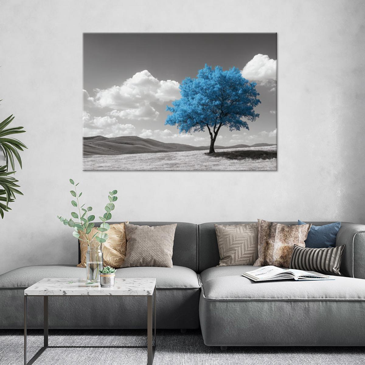 LEINWANDBILD Blaue Baum-Hochlandlandschaft 90x60cm - Blau, Textil (90/60cm) - Feeby