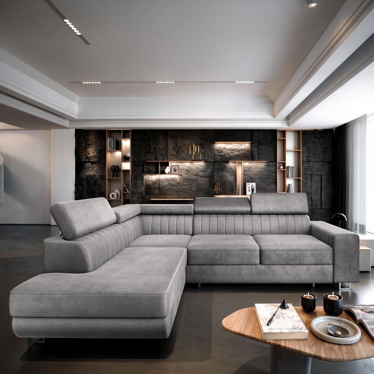 ECKSOFA NOLA L-S Hellgrau Velours-Stoff mit Schlaffunktion - Silberfarben/Hellgrau, Holz/Textil (253/190cm) - MASSENO