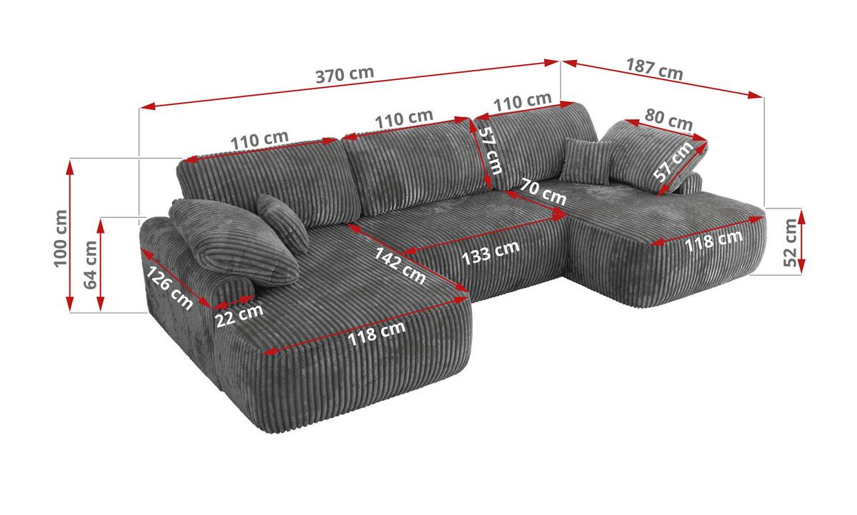 WOHNLANDSCHAFT CUBO U Dunkelgrau Cord - Dunkelgrau/Schwarz, Kunststoff/Textil (370/100/187cm) - MKS