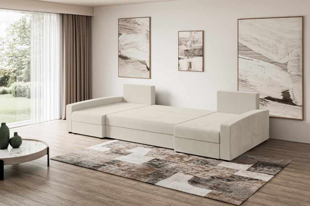 WOHNLANDSCHAFT mit Schlaffunktion und Bettkasten ALESIA-U 301x140x90 cm Beige Velours - Beige/Silberfarben, Holzwerkstoff/Kunststoff (301/90/140cm) - ALTDECOR