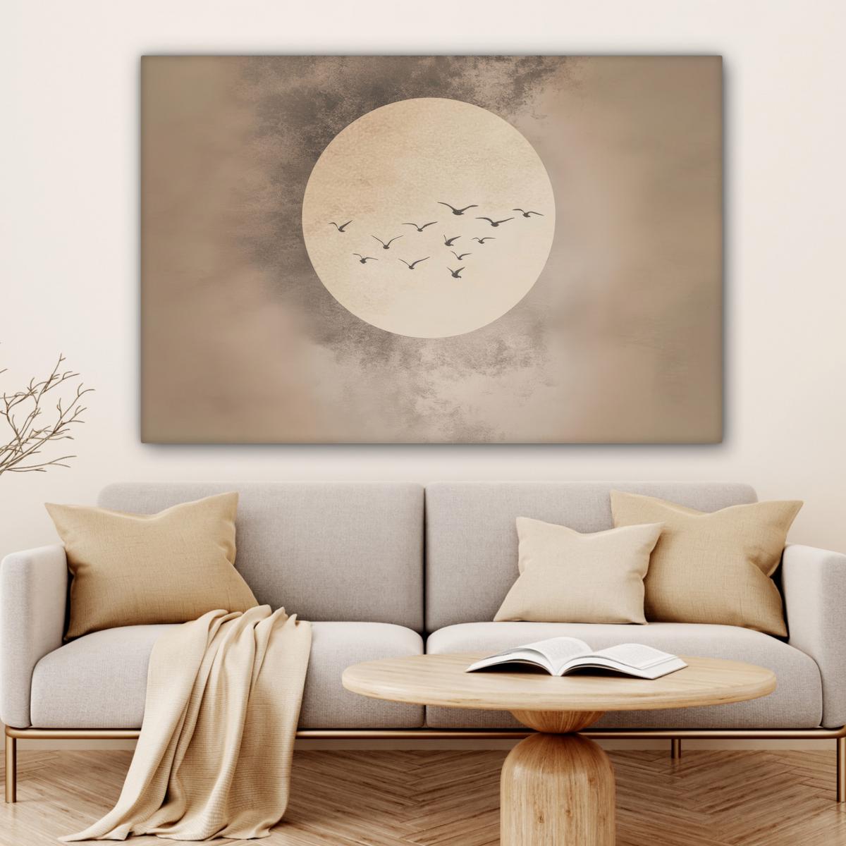 LEINWANDBILD Vogel - Beige - Japanisch Groß 140x90 cm - Taupe, Textil (140/90cm) - MuchoWow