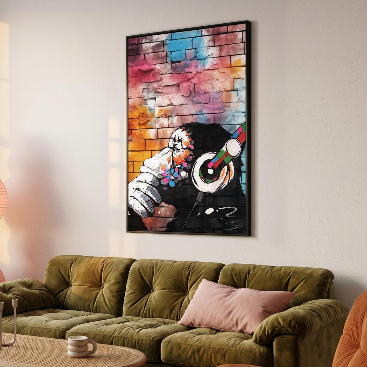 LEINWAND Bilder mit Rahmen - Affe - Graffiti - Musik - 90x140 - Multicolor, Textil (90/140cm) - MuchoWow