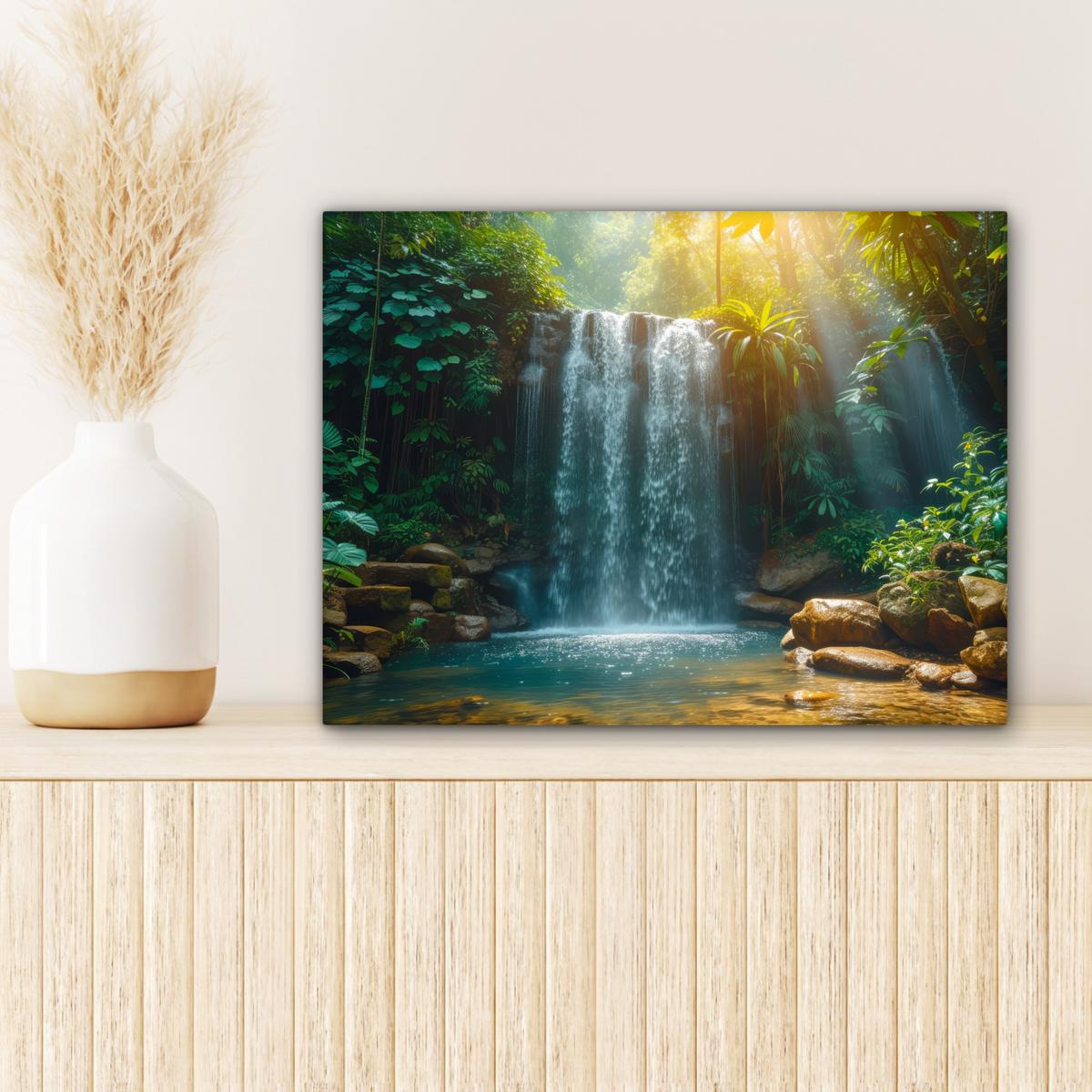 LEINWANDBILD Wasserfall - Dschungel - Sonne - Grün - Natur Wandbild 40x30 cm - Grün, Textil (40/30cm) - MuchoWow