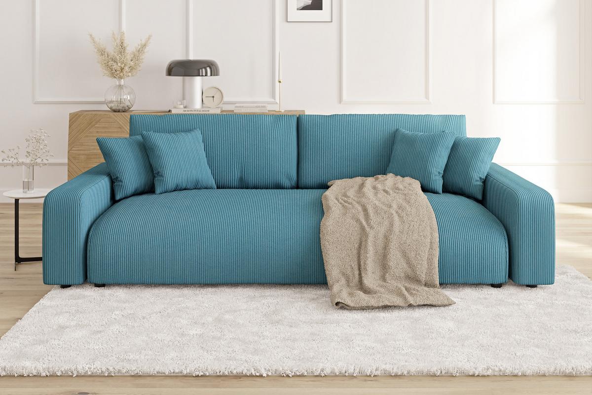 BIGSOFA Emma Türkis Cord - Türkis/Schwarz, Holz/Kunststoff (234/78/122cm) - S-Style Möbel