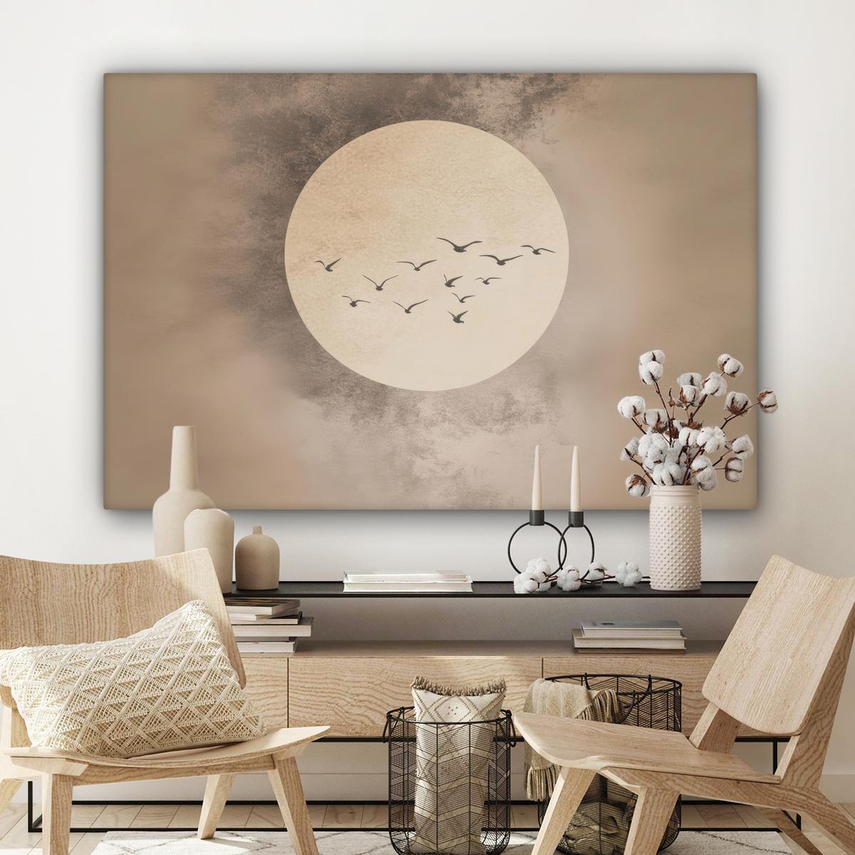 LEINWANDBILD Vogel - Beige - Japanisch Groß 140x90 cm - Taupe, Textil (140/90cm) - MuchoWow