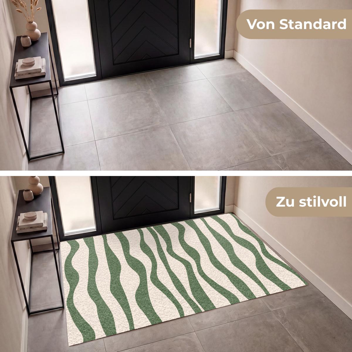 FUSSMATTE Wellenlinien - Beige - Grün - Streifen - Abstrakt Fußabtreter 180x120 cm - Dunkelgrün, Kunststoff (180/0.4cm) - MuchoWow