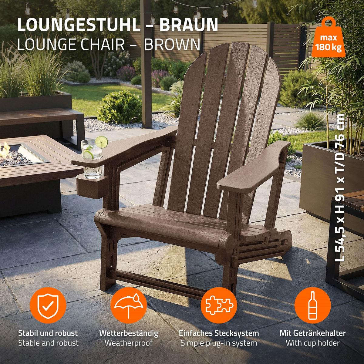 ADIRONDACK LOUNGESTUHL mit Getränkehalter Braun aus Kunststoff - Braun, Kunststoff (54.5/91/76cm) - ML-DESIGN