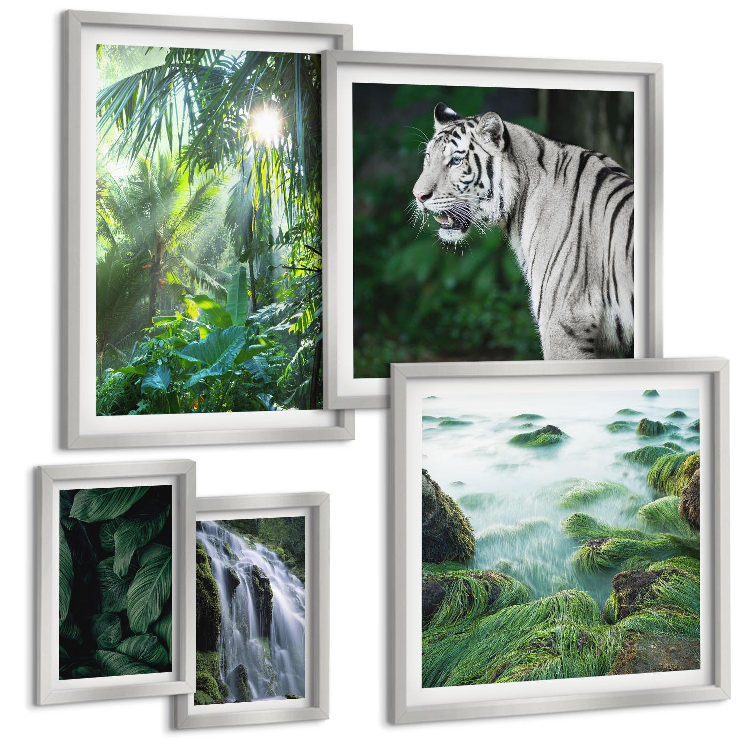BILDER SET 5er Set - 50x50 cm & 20x30 cm & 40x60 cm Silberner Rahmen - Blätter und Blüten in verschiedenen Farben - Silberfarben, Kunststoff (40/60cm) - TULUP