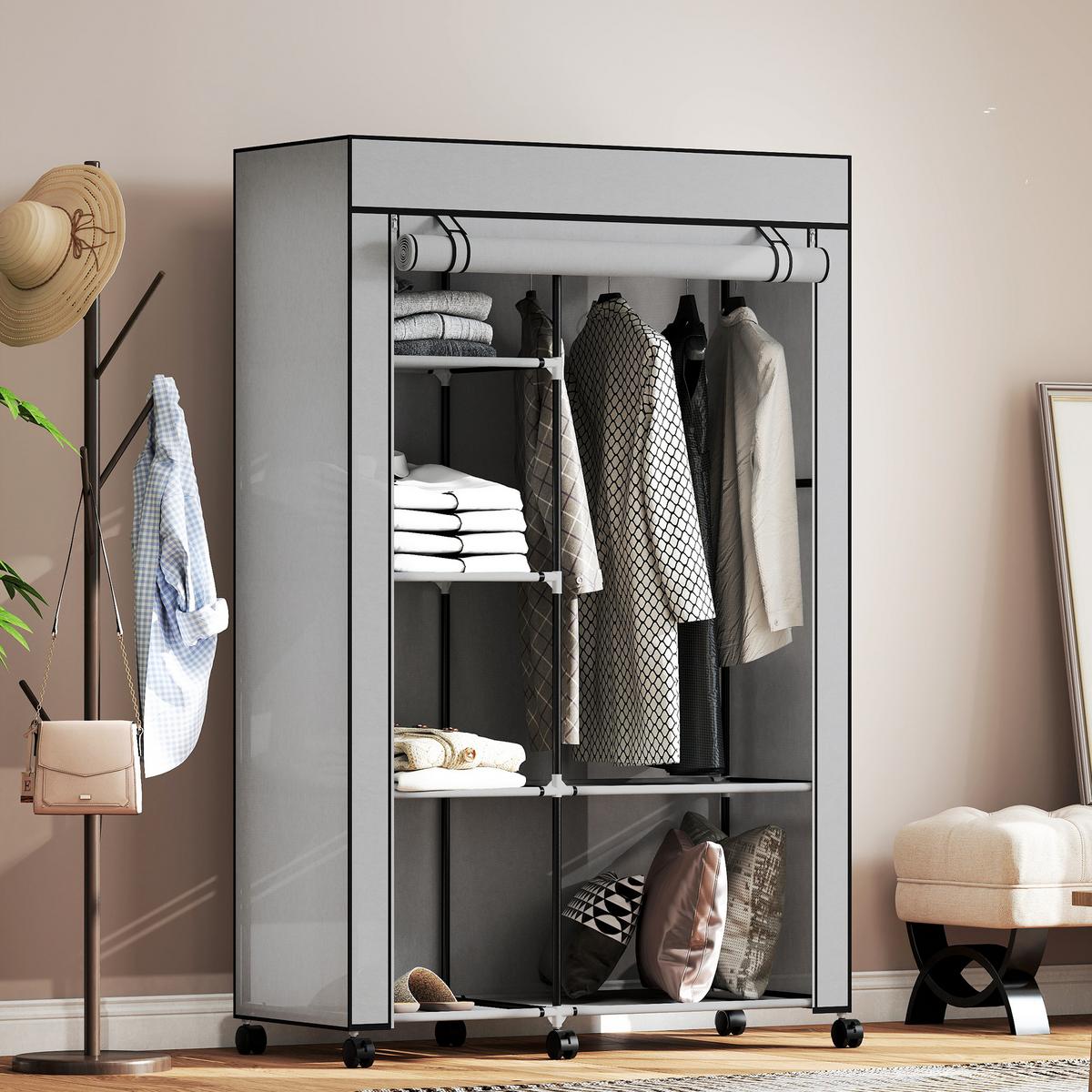 STOFFSCHRANK mit 2 Kleiderstangen, 6 Fächern Hellgrau - Hellgrau, Metall (43/162.5/103cm) - HOMCOM