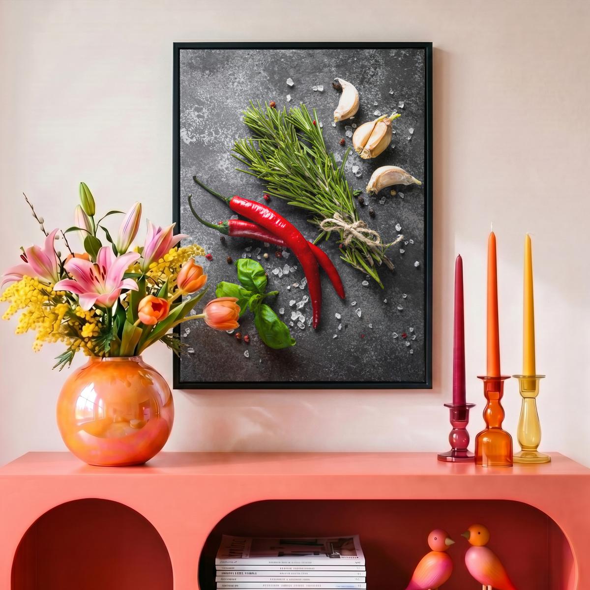 LEINWAND Bilder mit Rahmen - Pfeffer - Kräuter - Gewürze - Beton - 30x40 - Dunkelgrau, Textil (30/40cm) - MuchoWow
