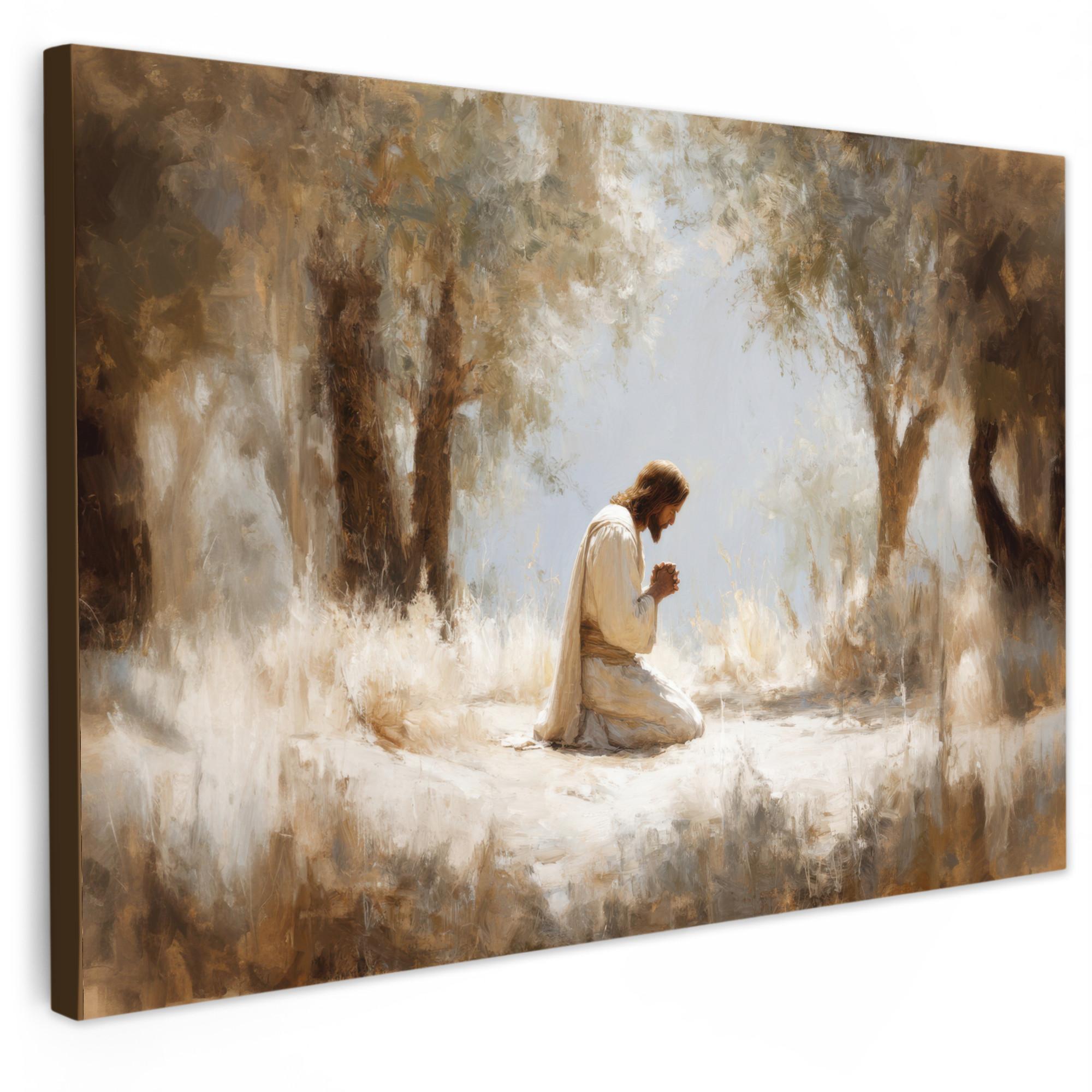 LEINWANDBILD Jesus - Kniend - Waldlandschaft - Betend Groß 140x90 cm - Beige/Hellblau, Textil (140/90cm) - MuchoWow