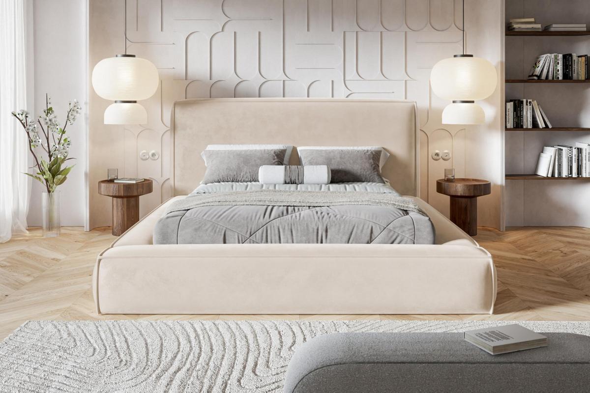 BETT 180x200 - Polsterbett mit Bettkasten und Metallrahmen - Modern Bett - Eleganter Amor-Velvet-Stoff - Kollektion Luna Maxi - Beige - Beige, Holz/Textil (180/200cm) - Alpi-Möbel