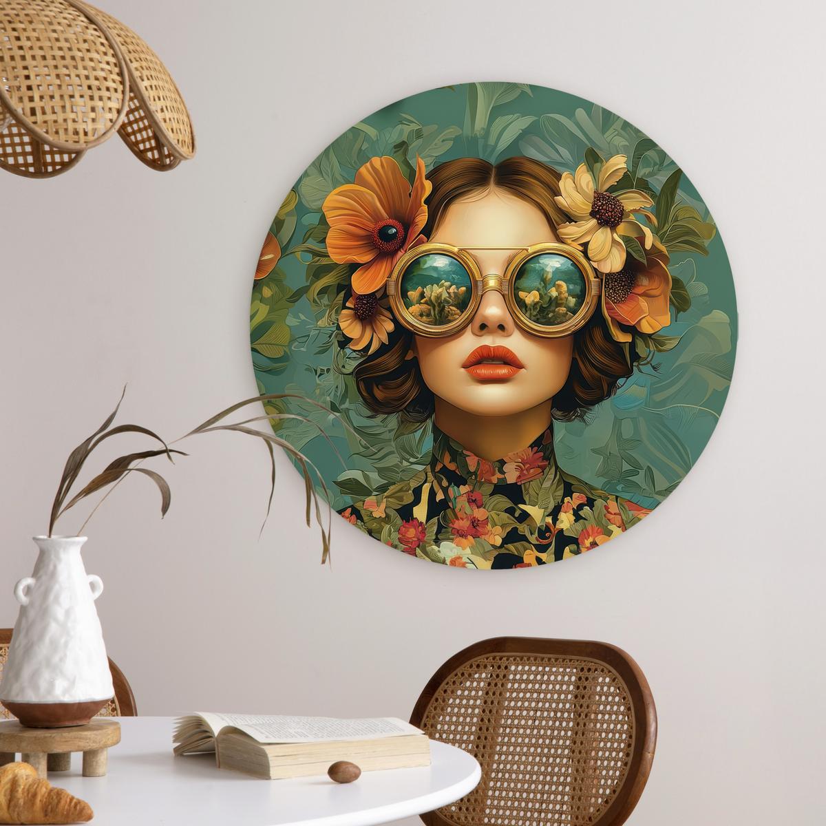 WANDBILD Frau - Blumen - Schmetterlinge - Natur - Vintage Wanddeko Schlafzimmer 60x60 cm - Petrol, Kunststoff (60/60cm) - MuchoWow