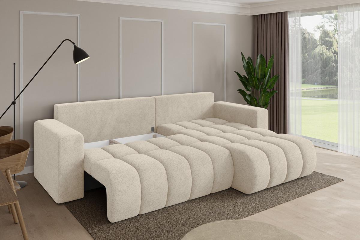ECKSOFA mit Schlaffunktion Ottomane Rechts MILA-L-v1 277x195x86 Creme Velours - Creme/Schwarz, Holzwerkstoff/Kunststoff (277/194cm) - ALTDECOR
