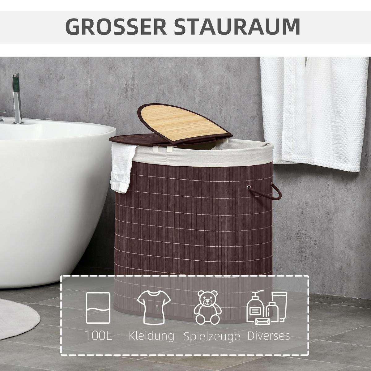 WÄSCHEKORB Wäschebox 100L Wäschesammler mit Deckel, 2 Wäschesäcken, Bambus - Braun, Naturmaterialien (37/60.5/62.5cm) - HOMCOM