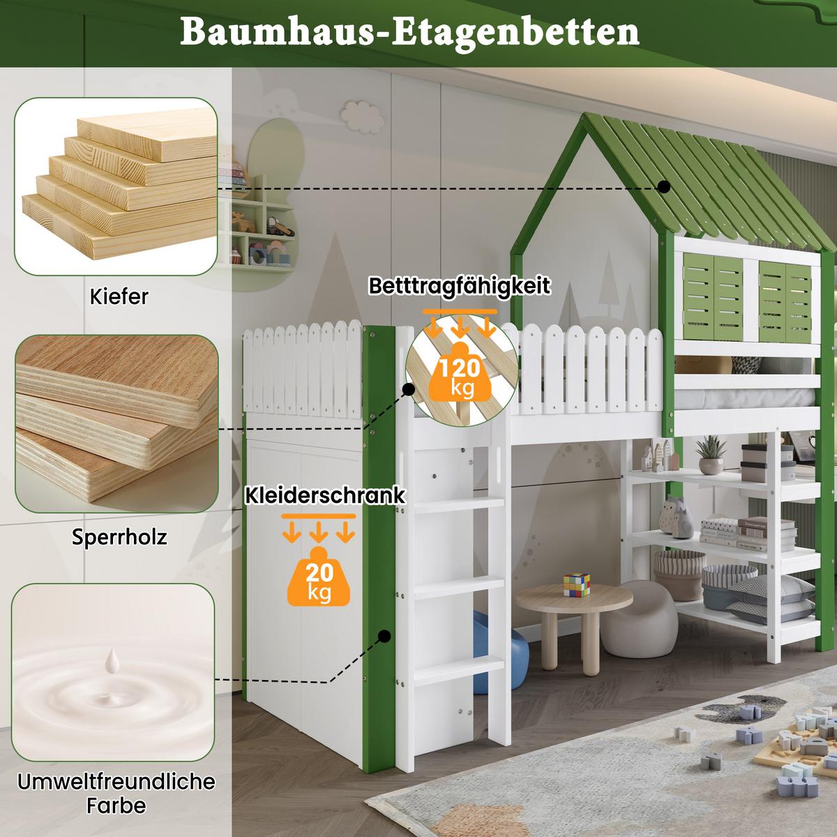 HOCHBETT, KINDERBETT Mit Leiter und Stauraum Grün und Weiß - Weiß/Grün, Holzwerkstoff - Urban Meuble