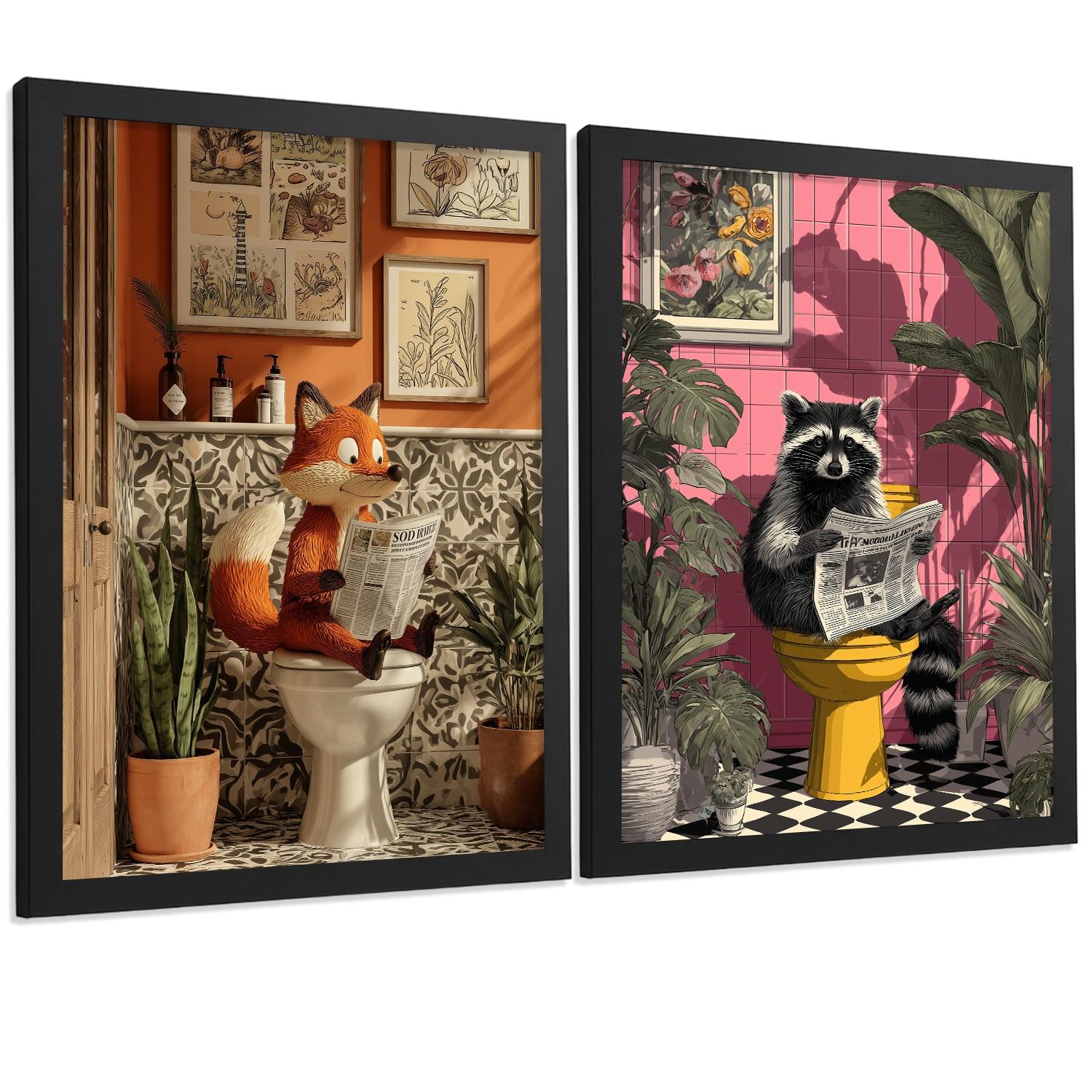 POSTER 2er-Set lustige Tierdrucke im Badezimmer, Fuchs und Waschbär-Dekorationsbilder im modernen Stil Schwarzer Rahmen A4 - Schwarz, Papier (29.7/21/3cm) - Nacnic