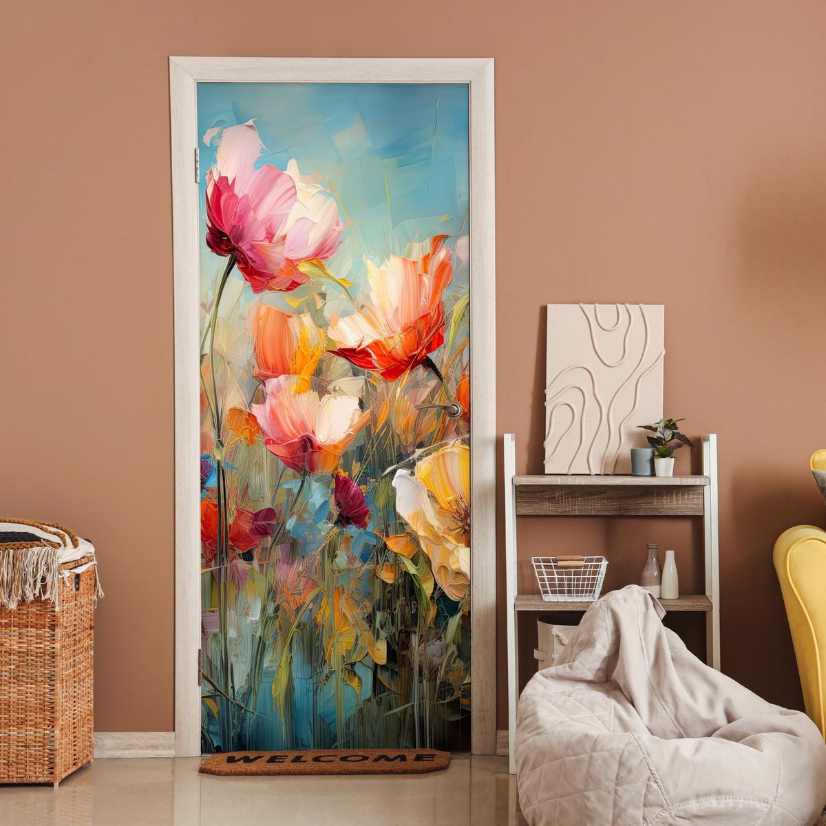TÜRAUFKLEBER Selbstklebend - Blumen - Aquarell - Kunst - Botanisch - Natur 85x205 cm - Türtapete - Orange, Kunststoff (85/205cm) - MuchoWow