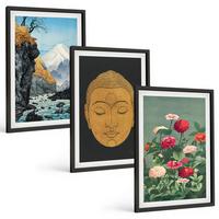 BILDER SET 3er Set - 40x60 cm Schwarzer Rahmen - Japanische Natur, Japandi-Kultur - Schwarz, Kunststoff (40/60cm) - TULUP