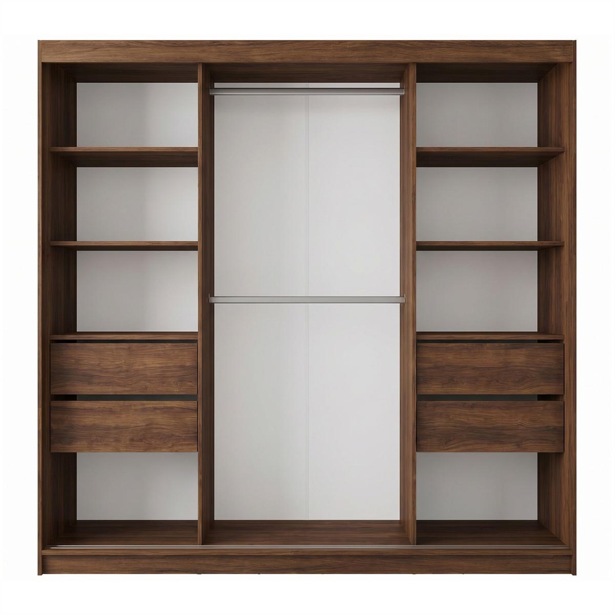 SCHWEBETÜRENSCHRANK Nela II mit Schubladen und Spiegel 200/216/61 Walnuss+Schwarz - Walnussfarben, Holzwerkstoff (200/216/61cm) - Beautysofa