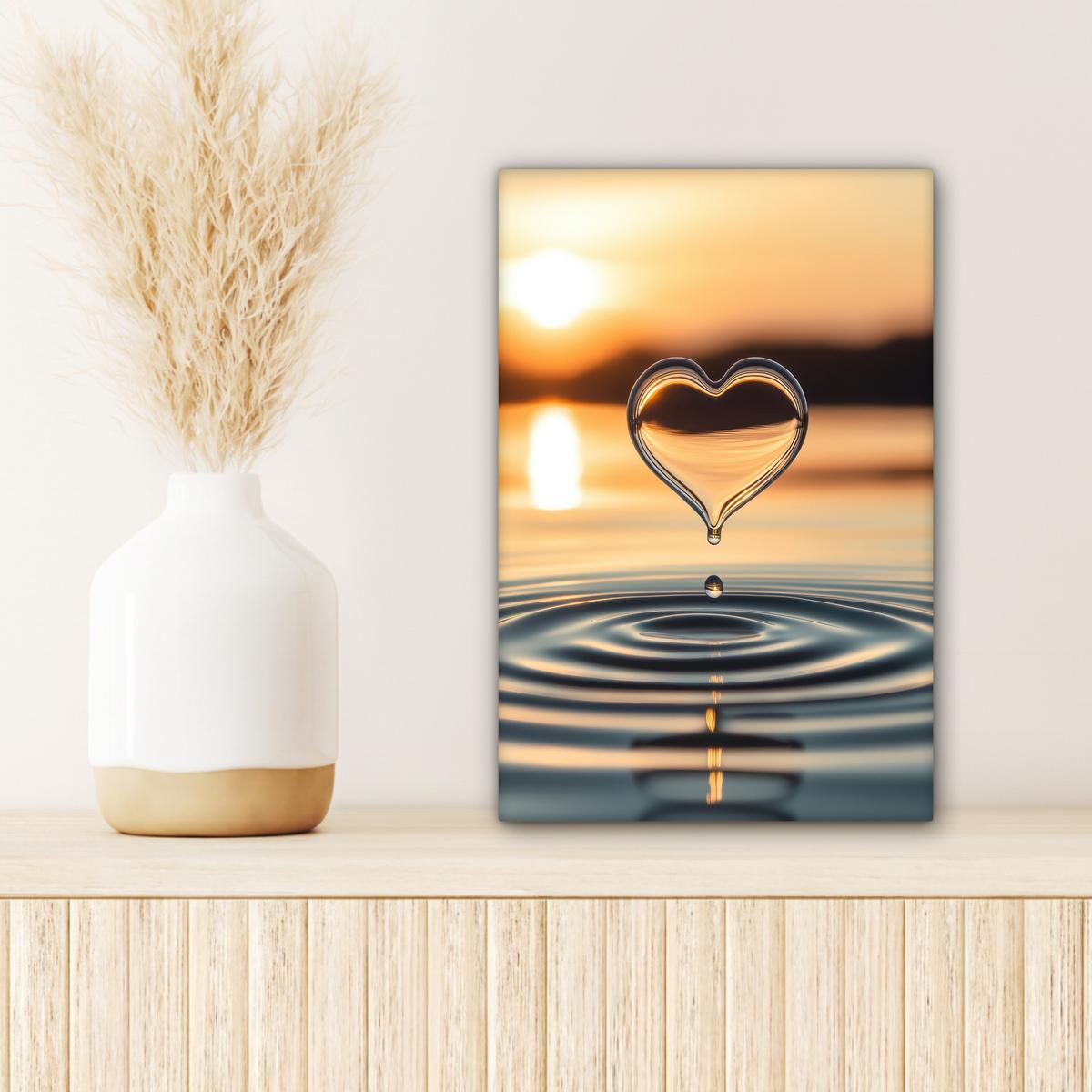 LEINWANDBILD Herz - Wasser - Sonnenuntergang - Natur - Zen Deko Wohnzimmer 20x30 cm - Bernsteinfarben, Textil (20/30cm) - MuchoWow
