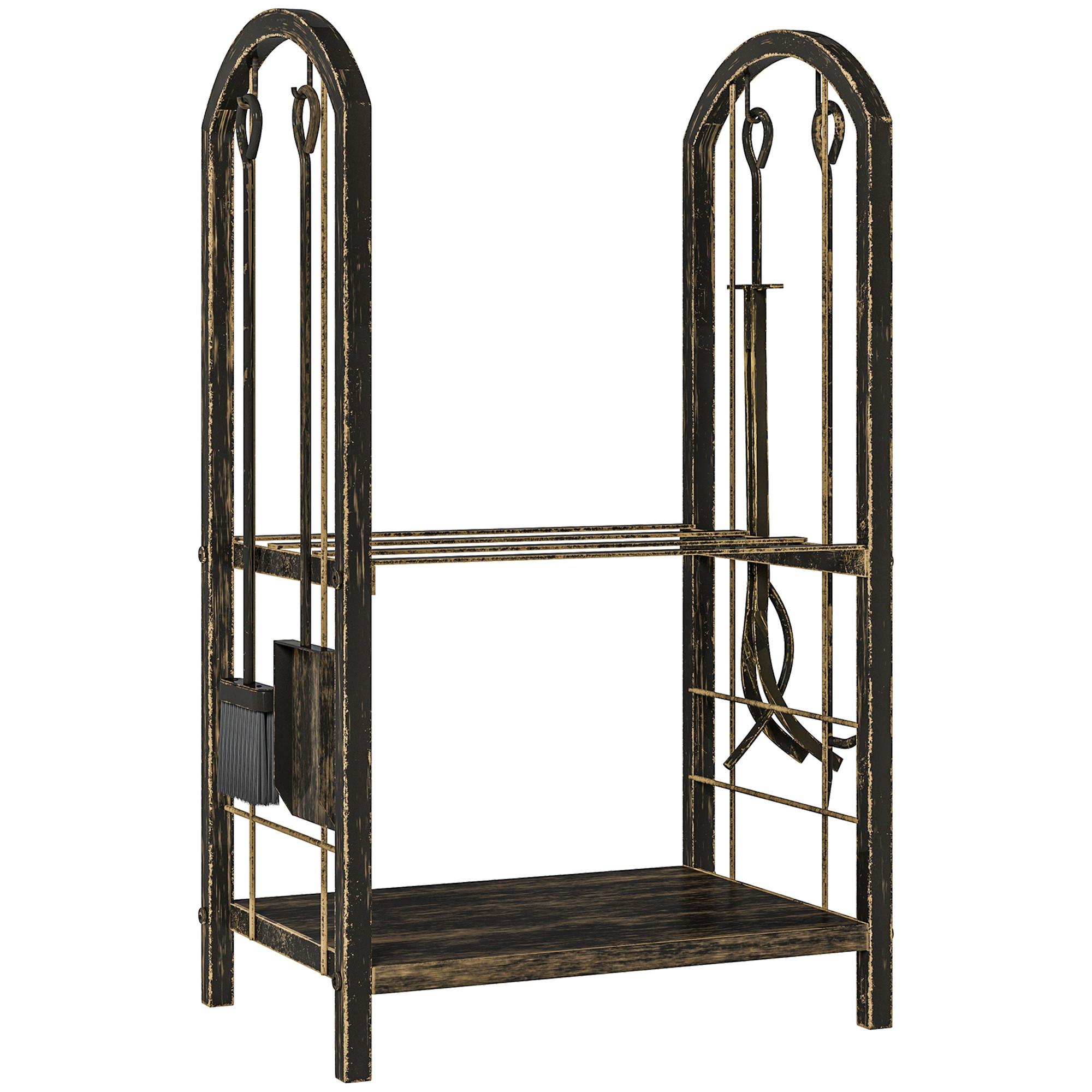 KAMINHOLZREGAL für innen 43 x 30 x 74cm 2 Ebenen Brennholzregal mit 4 Haken - Dunkelbraun, Metall (30/74/43cm) - Outsunny