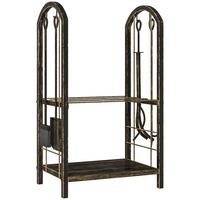 KAMINHOLZREGAL für innen 43 x 30 x 74cm 2 Ebenen Brennholzregal mit 4 Haken - Dunkelbraun, Metall (30/74/43cm) - Outsunny