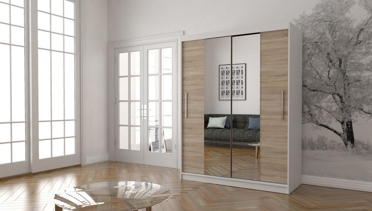 SCHWEBETÜRENSCHRANK 150/200/61 cm 2-türig Vista 01 Weiß/Sonoma Eiche - Alufarben/Weiß, Glas/Holzwerkstoff (150/200/61cm) - imoebel24