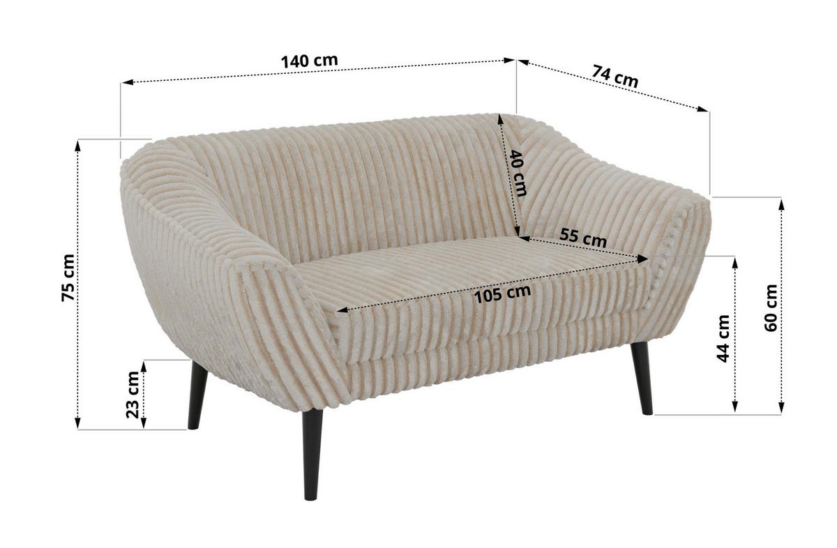 2-SITZER-SOFA PIRS - Beige Cord - Schwarze Beine - Beige/Creme, Holzwerkstoff/Textil (140/75/74cm) - MKS