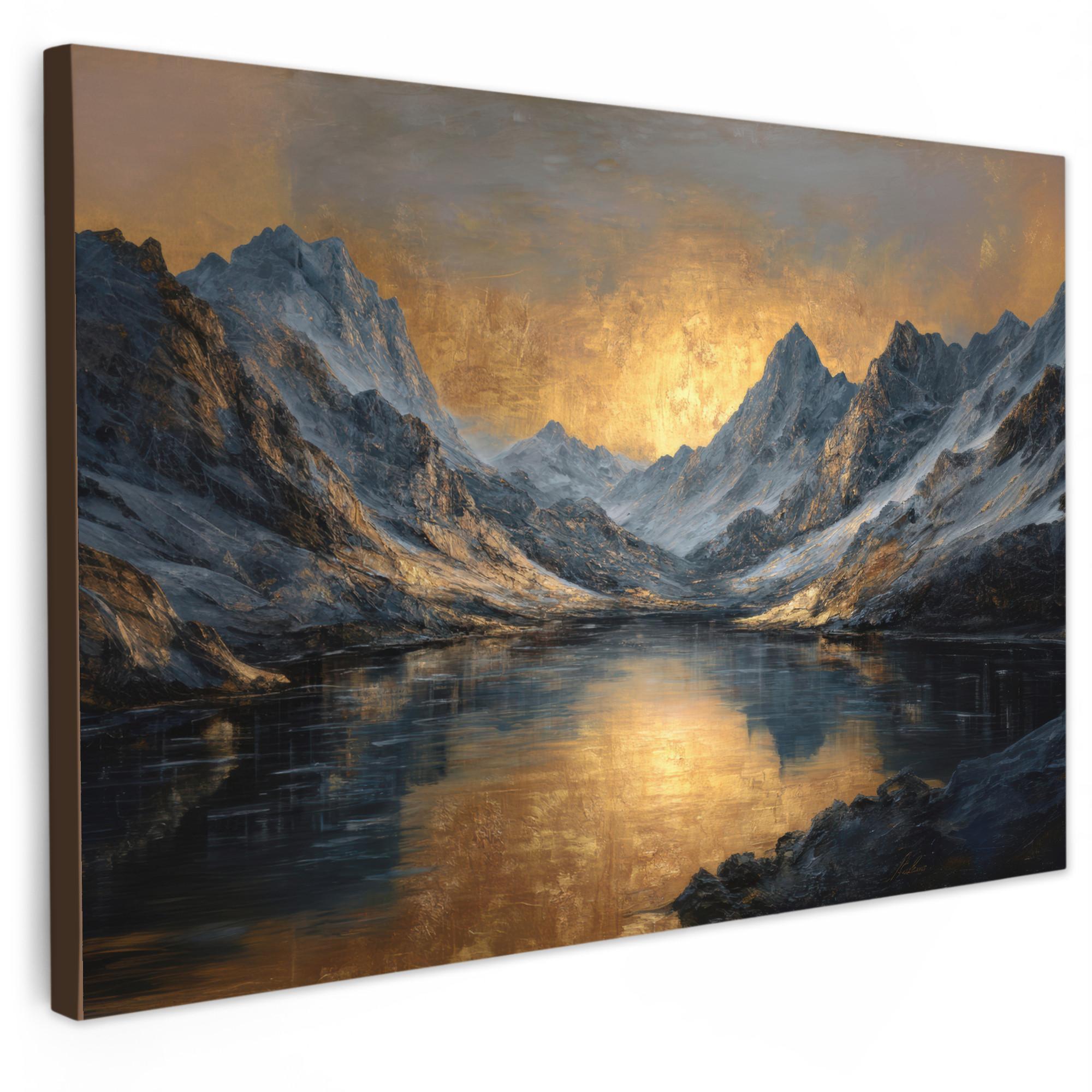 LEINWANDBILD Bergkulisse mit goldenem Sonnenuntergang Wohnzimmer Groß 120x80 cm - Goldfarben, Textil (120/80cm) - MuchoWow