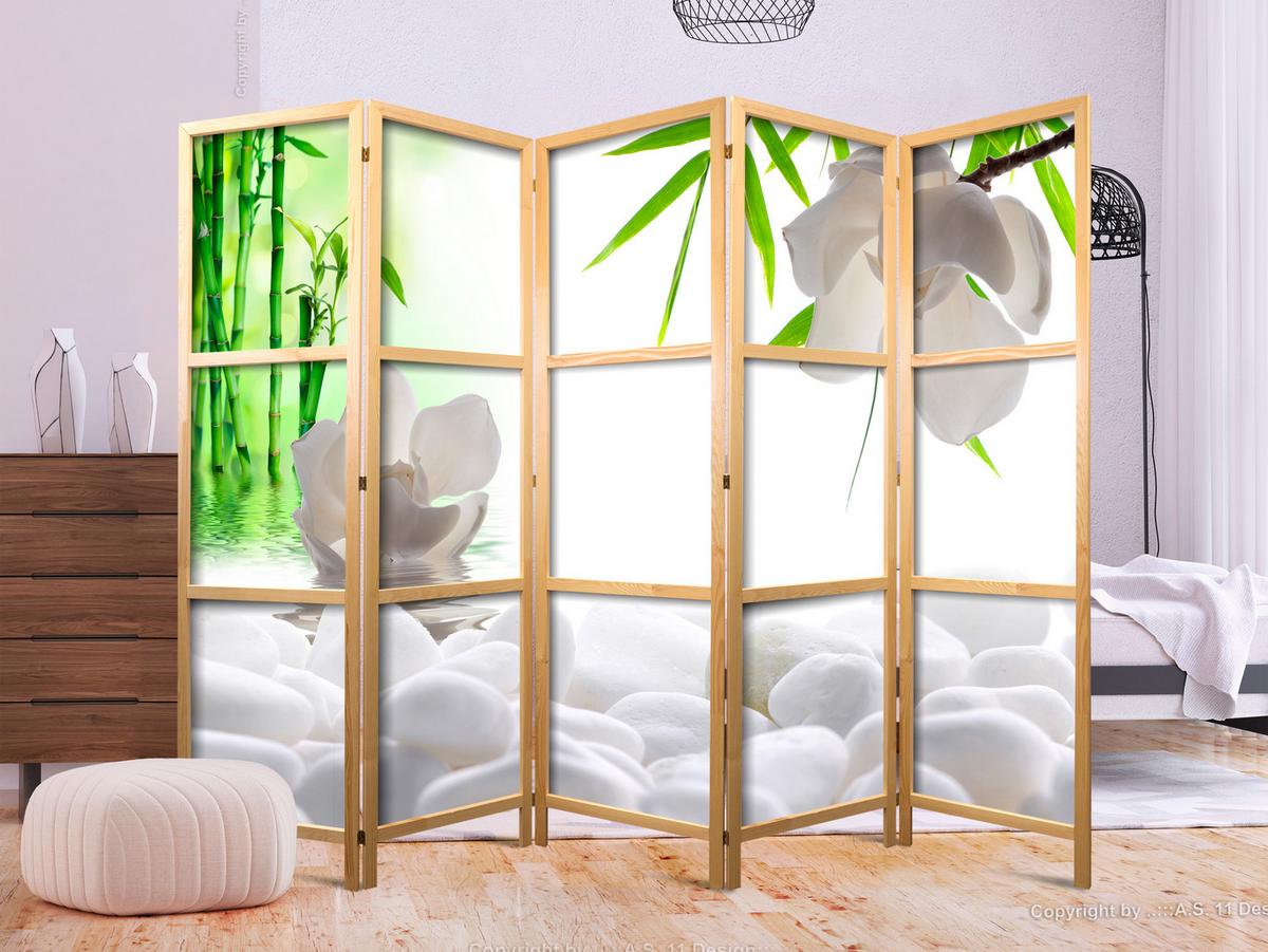 PARAVENT Japanischer 5-tlg 225x172 cm Steine Pflanzen 3D - Weiß, Holz/Textil (225/172/3cm) - Muralo