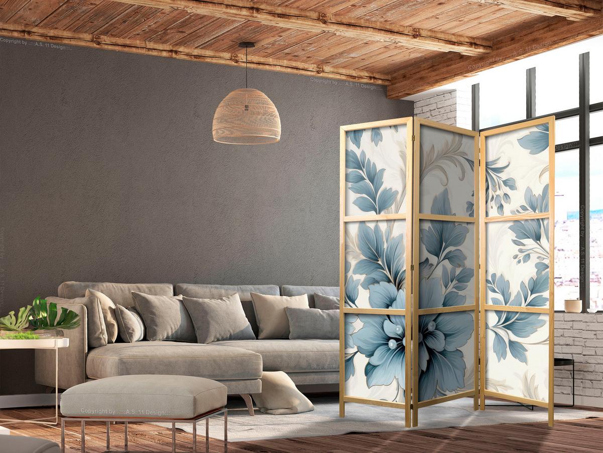 PARAVENT Japanischer 3-tlg 135x172 cm Pflanzen Ornamente - Blau, Holz/Textil (135/172/3cm) - Muralo