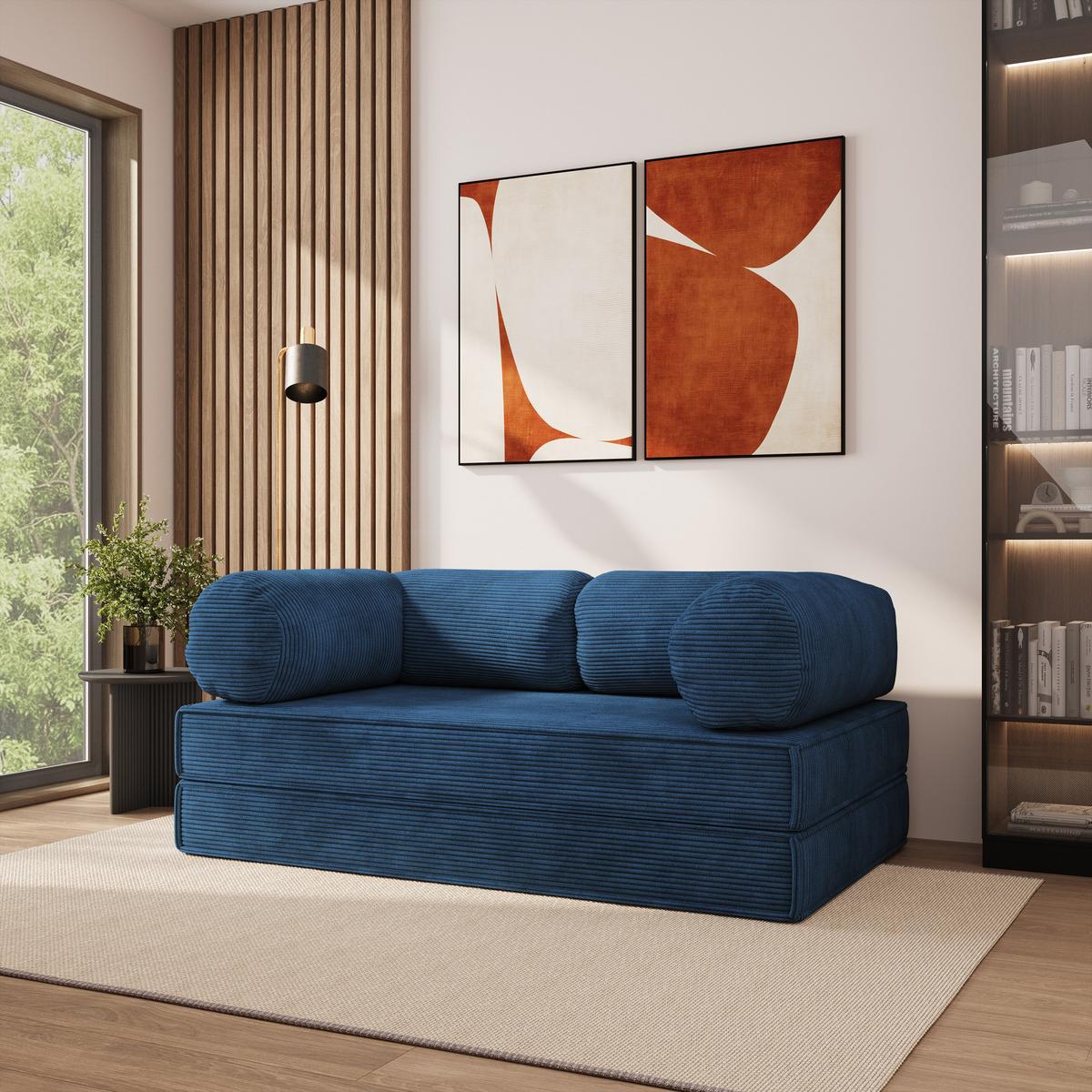 BETTSOFA ALVIO aus Schaumstoff Kordstoff Blau Schlaffunktion - Blau, Textil (170/68/80cm) - MASSENO
