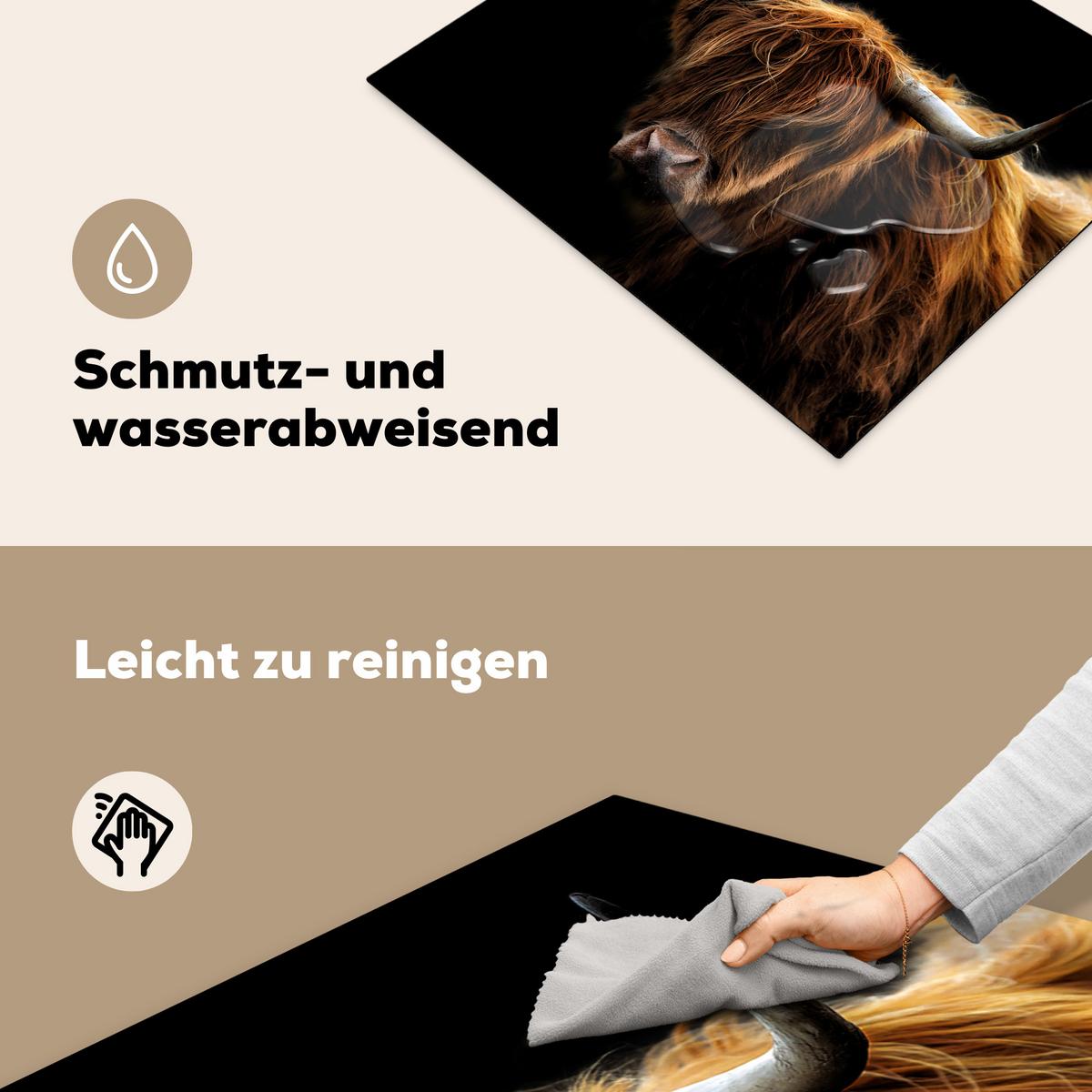 HERDABDECKPLATTE Schottischer Highlander - Hörner - Schwarz - Tiere - Natur - Wild - Kuh Herdabdeckung Induktionsfeld 65x52 cm - Cognac, Kunststoff (65/52/0.2cm) - MuchoWow