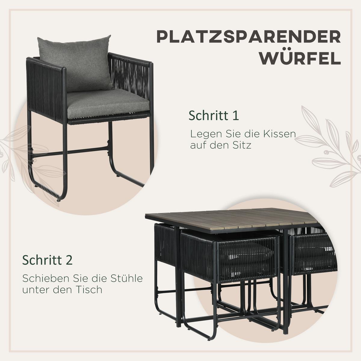 ESSTISCH mit 4 Stühlen, 5-tlg. Polyrattan Gartenmöbel Set, Gartensitzgruppe, Grau - Grau, Kunststoff - Outsunny
