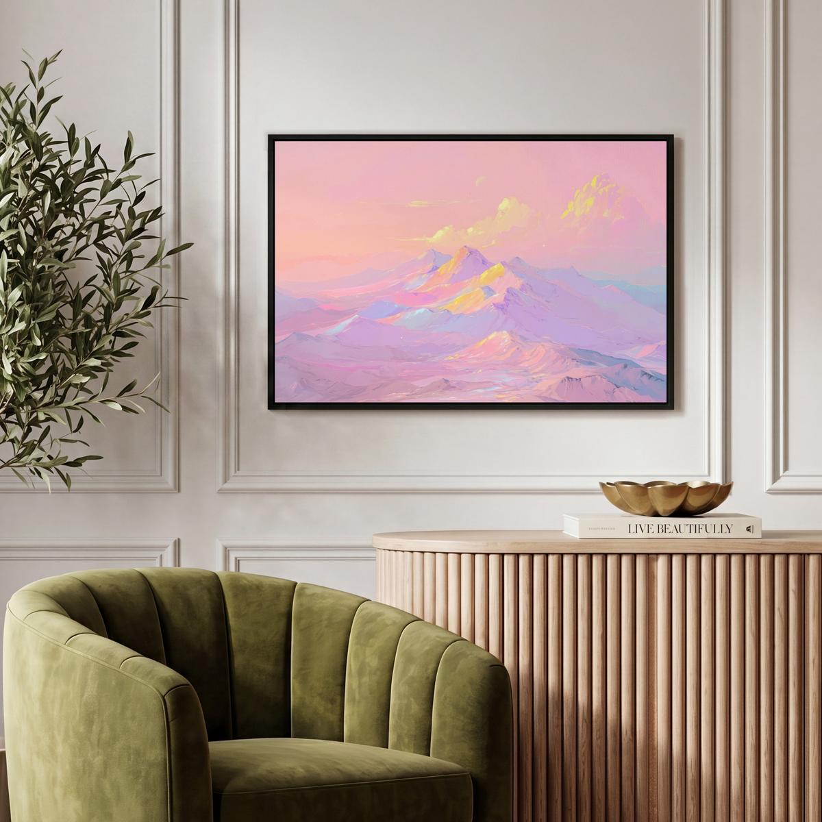 LEINWAND Bilder mit Rahmen - Berggipfel - Wolken - Verträumt - 60x40 - Hellrosa, Textil (60/40cm) - MuchoWow