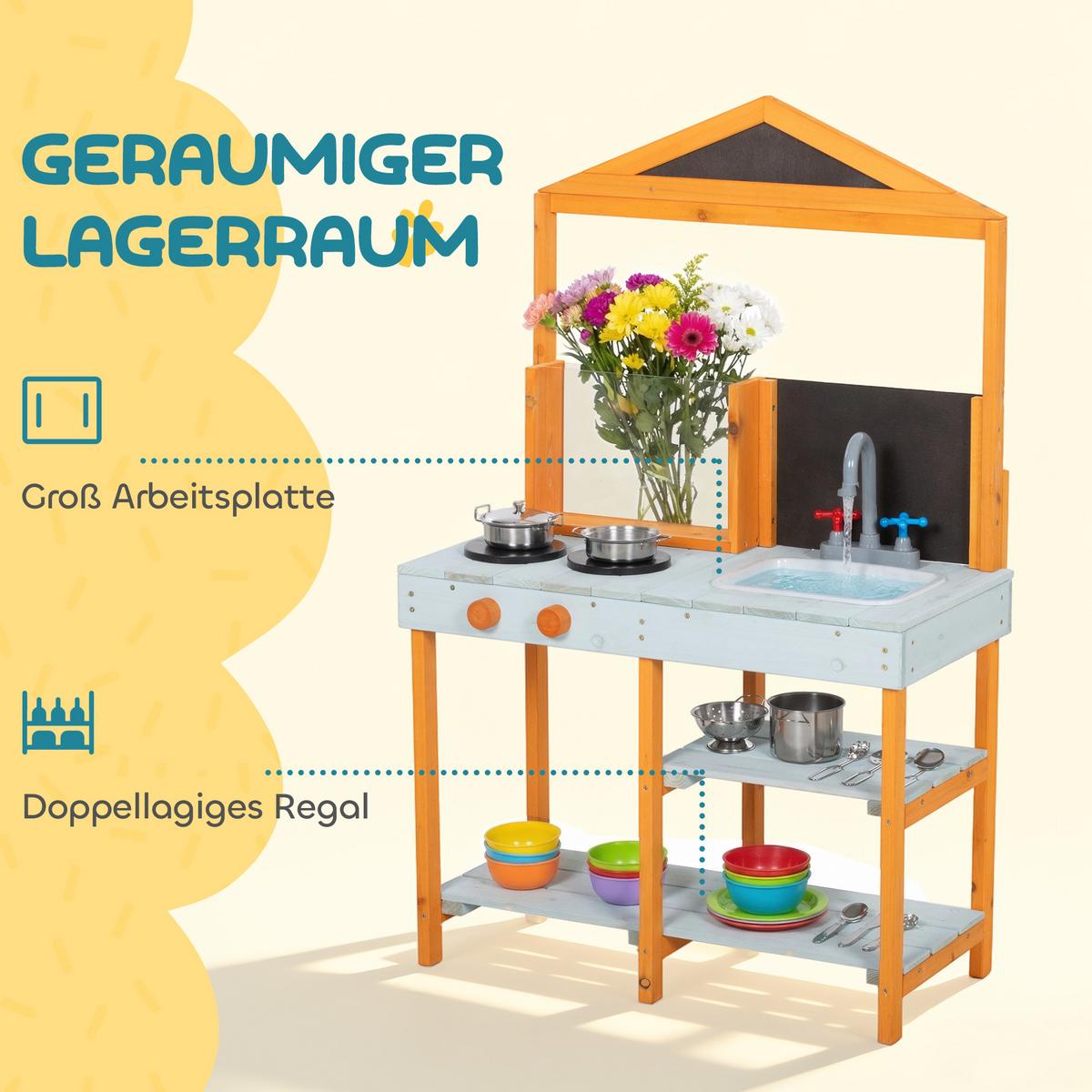 OUTDOOR-KINDER-MATSCHKÜCHE Tannenholz Edelstahl Hellblau - Hellblau, Holz (33.5/69cm) - AIYAPLAY