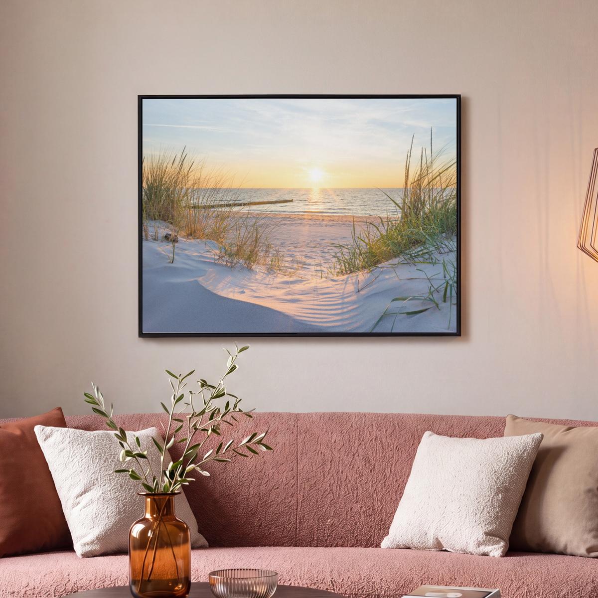 LEINWAND Bilder mit Rahmen - Strand - Sonne - Düne - Gras - Sand - Horizont - 80x60 - Hellblau, Textil (80/60cm) - MuchoWow