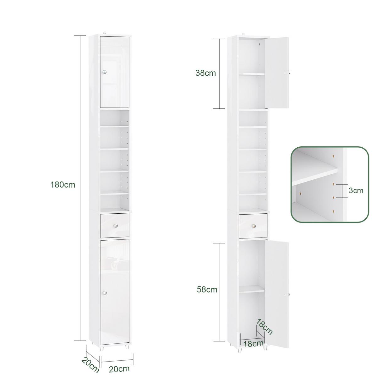 HOCHSCHRANK Weiß, Badezimmerschrank schmal 20x20x180 cm - Silberfarben/Weiß, Holzwerkstoff (20/180/20cm) - SoBuy