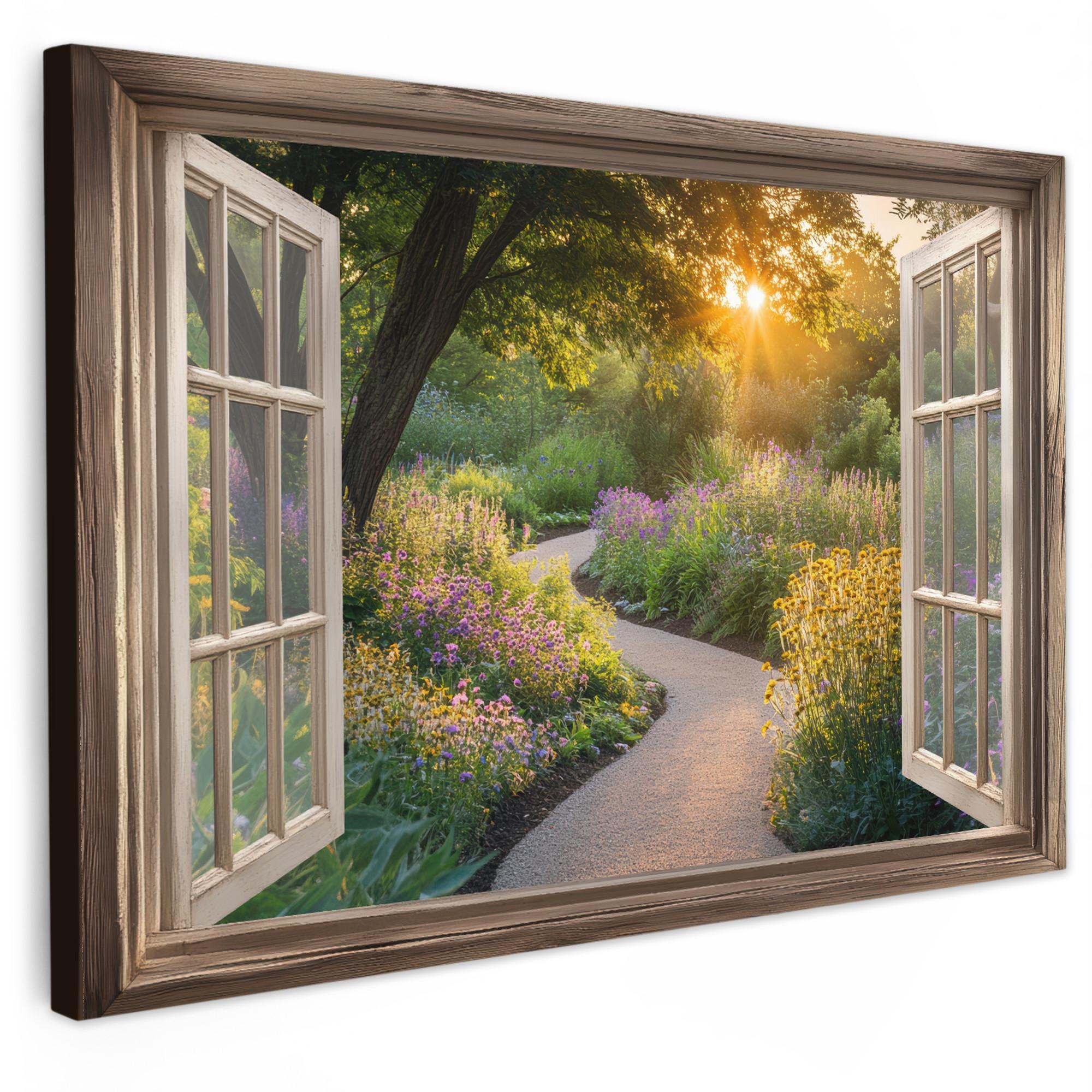 LEINWANDBILD Aussicht - Blumen - Natur - Sonne - Weg Wohnzimmer Groß 120x80 cm - Hellgelb, Textil (120/80cm) - MuchoWow