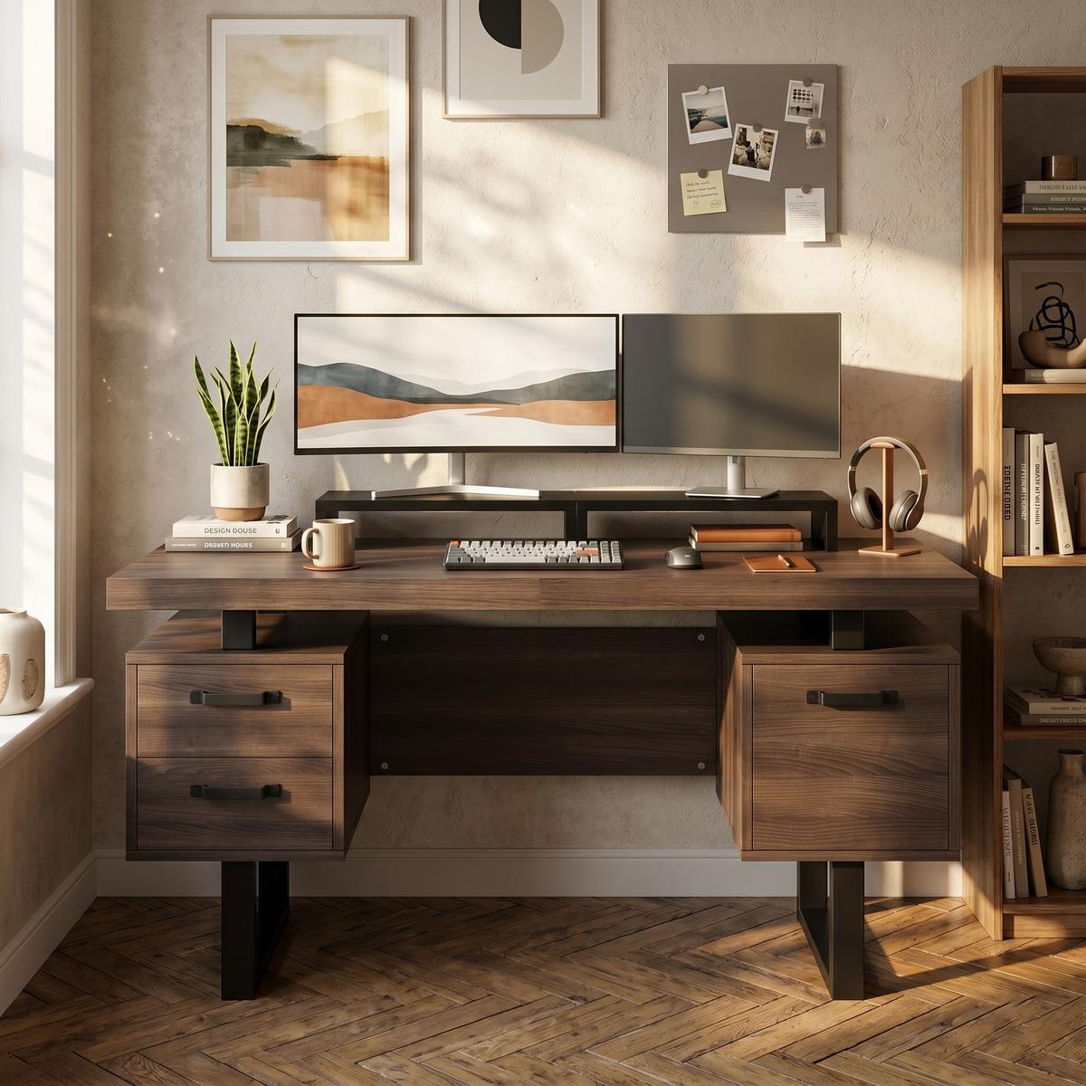 BÜROSCHREIBTISCH braun-schwarz, Stahlgestell, 3 Schubladen - Walnussfarben, Holzwerkstoff (54/135/76cm) - Urban Meuble