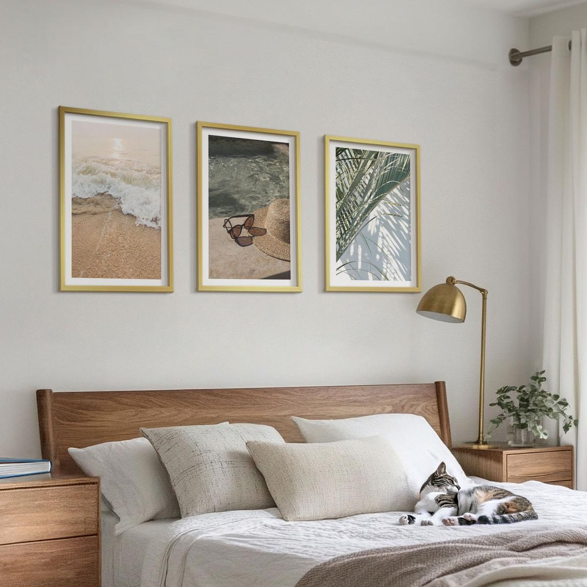 BILDER SET 3er Set - 40x60 cm Goldrahmen - Strandhut und Sonnenbrille - Goldfarben, Kunststoff (40/60cm) - TULUP