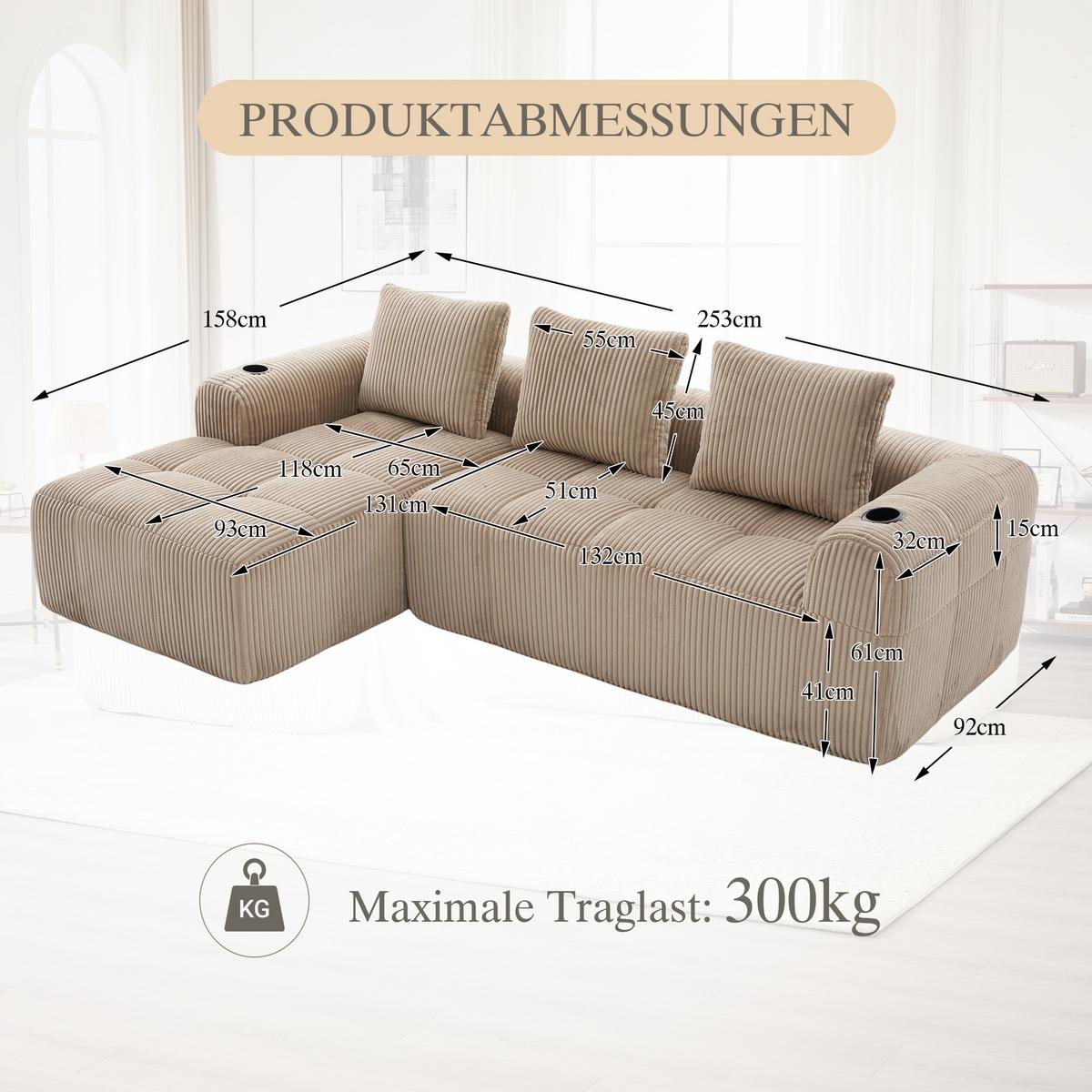 ECKSOFA 3-Sitzer mit Getränkehalter, Seitentaschen & 3 Kissen - Taupe, Textil (253/158cm) - Urban Meuble