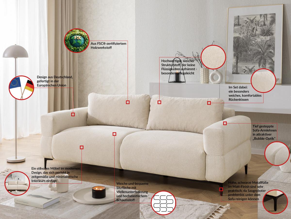 3-SITZER-SOFA Cardea in Bubble-Optik aus weichem Hellbeige Strukturstoff mit hohem Sitzkomfort - Beige/Schwarz, Holz/Textil (217/80/97cm) - S-Style Möbel