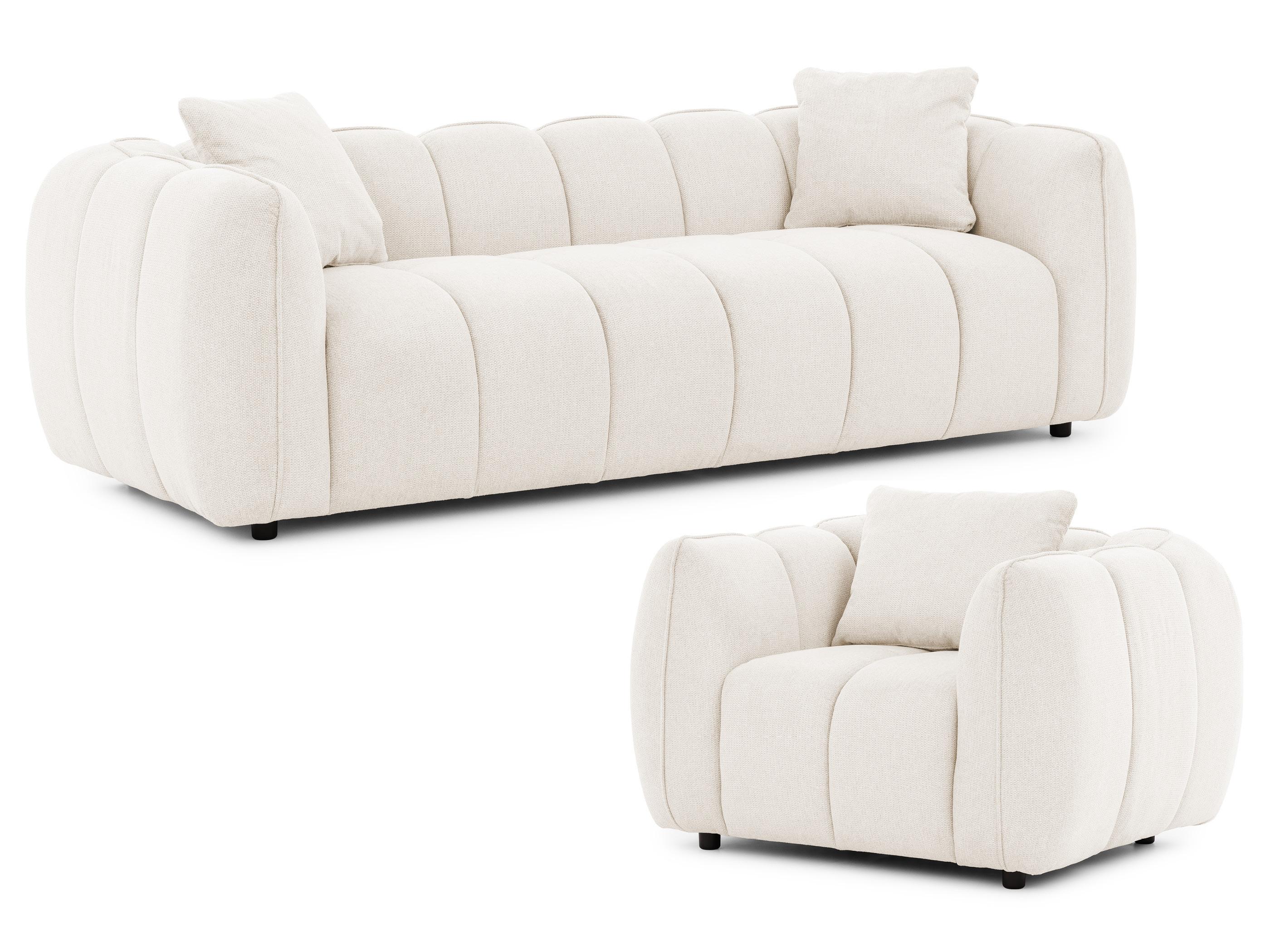 SITZGARNITUR 3+1 Nubira in tief gesteppter Bubble-Optik aus weichem Creme Strukturstoff im modernen Design - Creme/Schwarz, Holz/Kunststoff (228/69/89cm) - S-Style Möbel